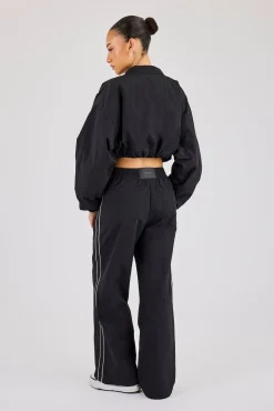 Crinkle Nylon Cropped Piping Track Jacket & Wide Leg Jogger - Black