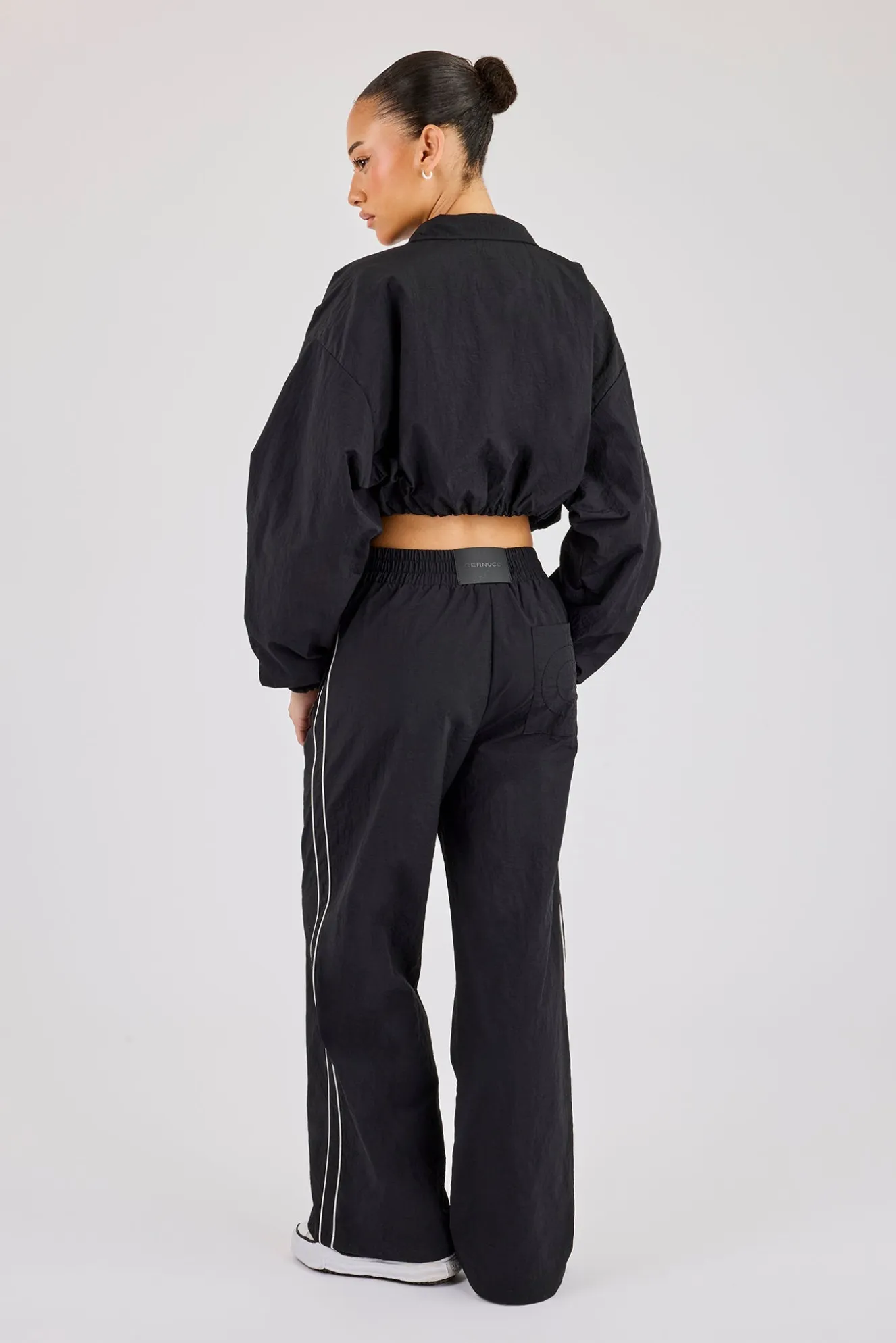 Crinkle Nylon Cropped Piping Track Jacket & Wide Leg Jogger - Black