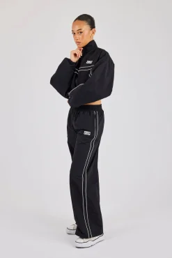 Crinkle Nylon Cropped Piping Track Jacket & Wide Leg Jogger - Black