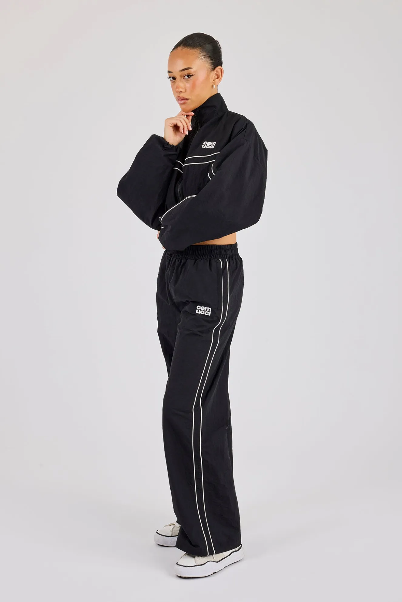 Crinkle Nylon Cropped Piping Track Jacket & Wide Leg Jogger - Black