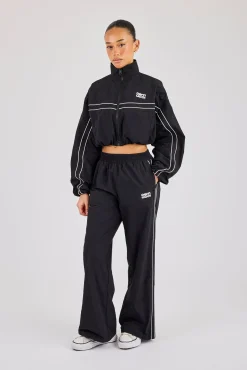 Crinkle Nylon Cropped Piping Track Jacket & Wide Leg Jogger - Black