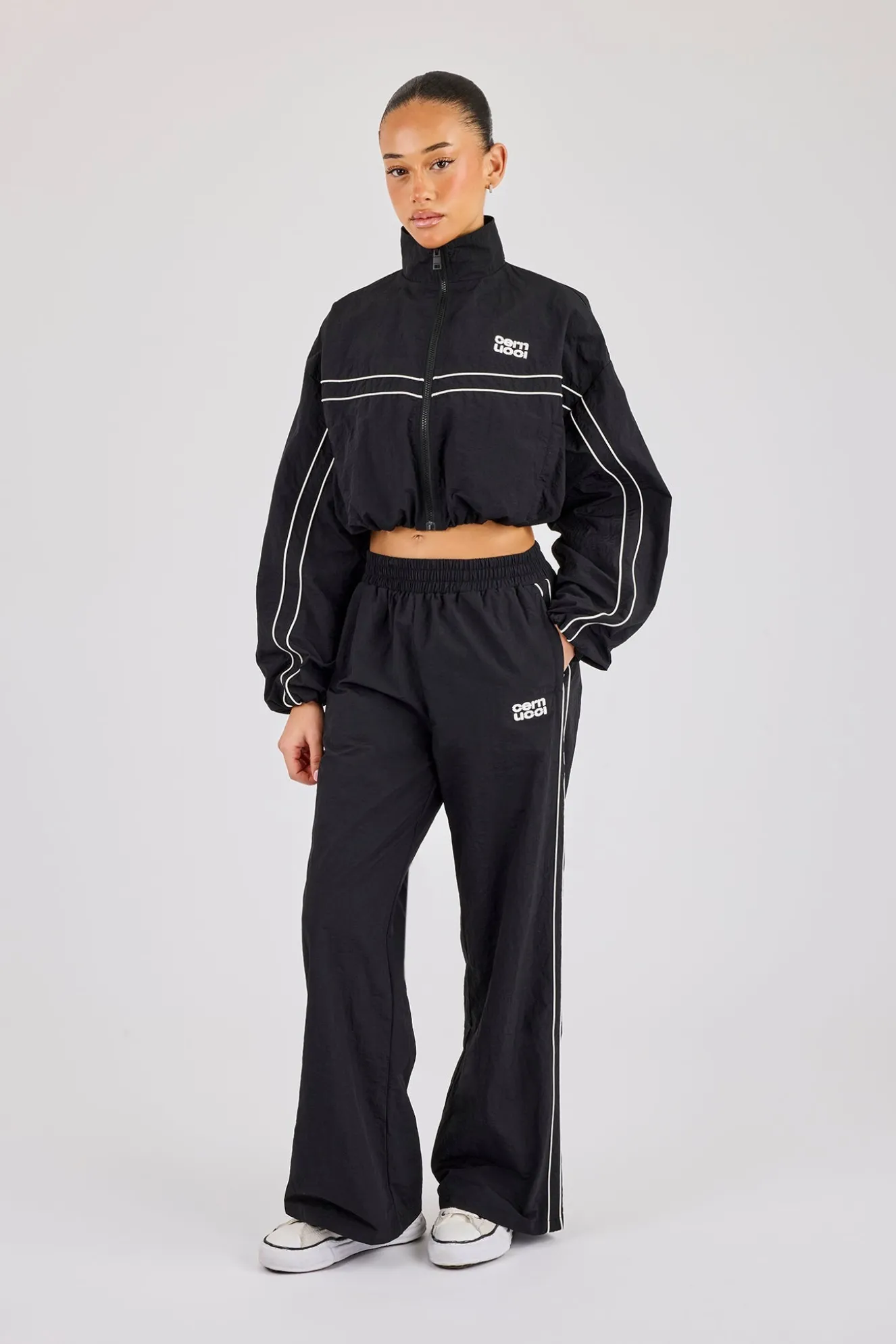 Crinkle Nylon Cropped Piping Track Jacket & Wide Leg Jogger - Black