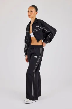 Crinkle Nylon Cropped Piping Track Jacket & Wide Leg Jogger - Black