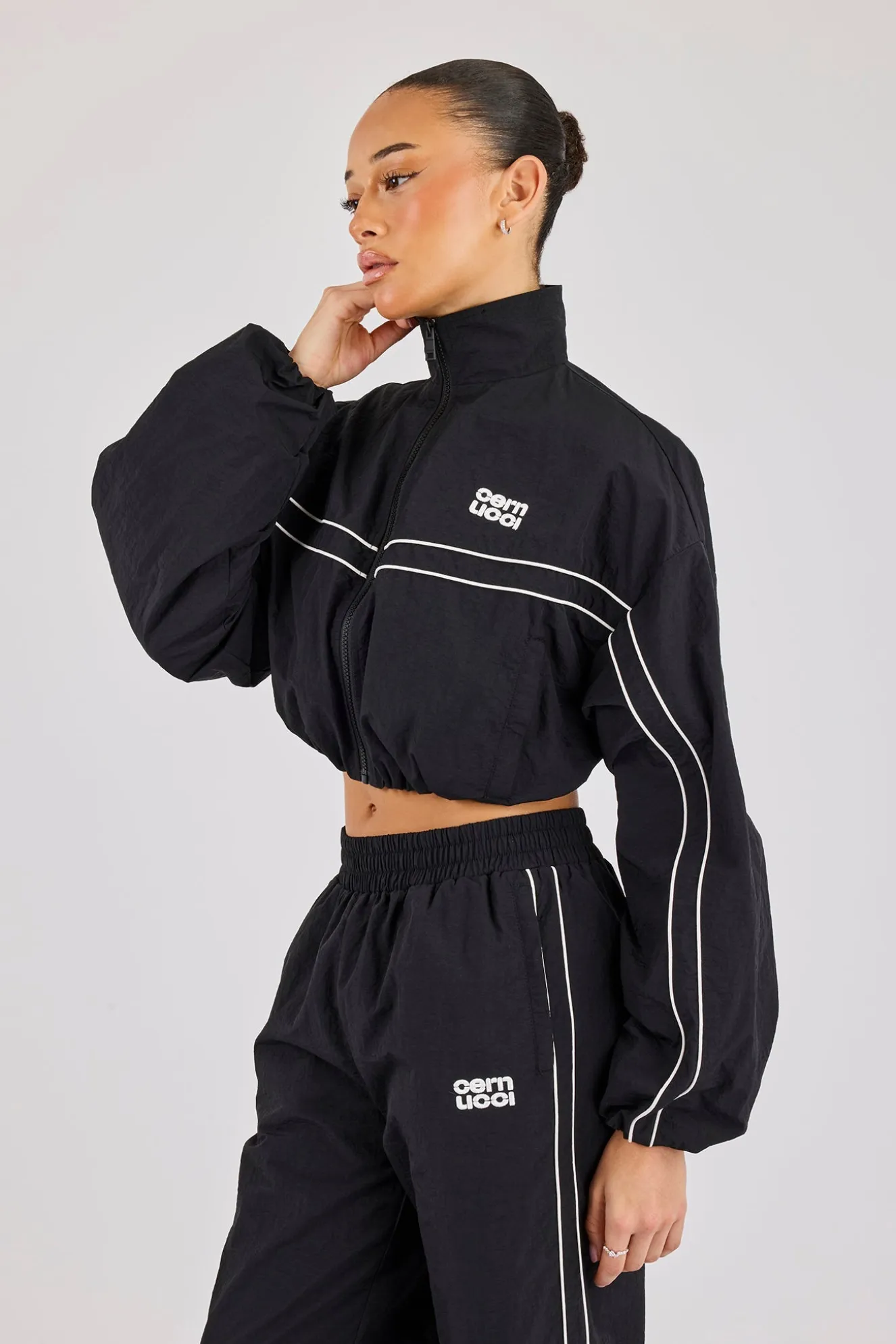 Crinkle Nylon Cropped Piping Track Jacket - Black