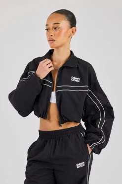 Crinkle Nylon Cropped Piping Track Jacket - Black