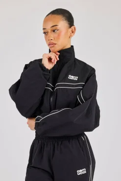 Crinkle Nylon Cropped Piping Track Jacket - Black