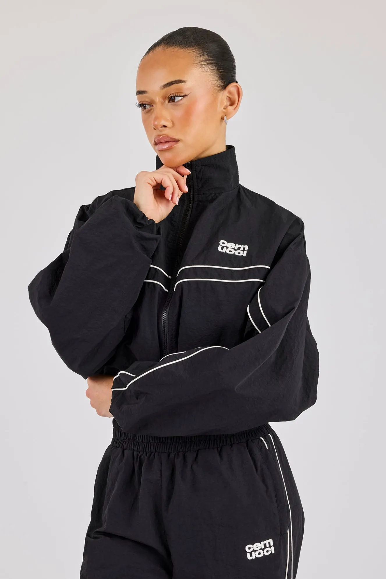 Crinkle Nylon Cropped Piping Track Jacket - Black
