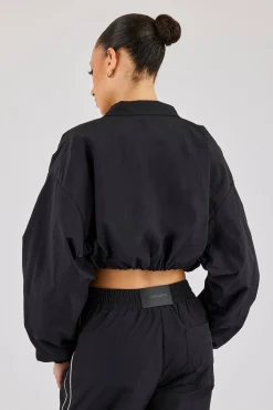 Crinkle Nylon Cropped Piping Track Jacket - Black