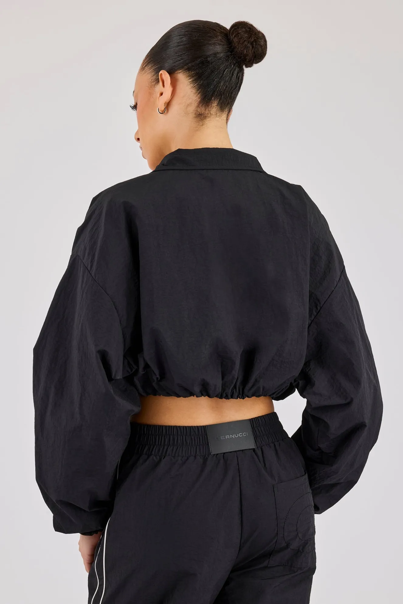 Crinkle Nylon Cropped Piping Track Jacket - Black