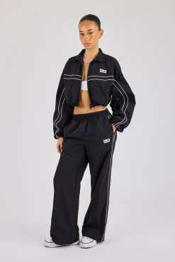 Crinkle Nylon Piping Wide Leg Jogger - Black