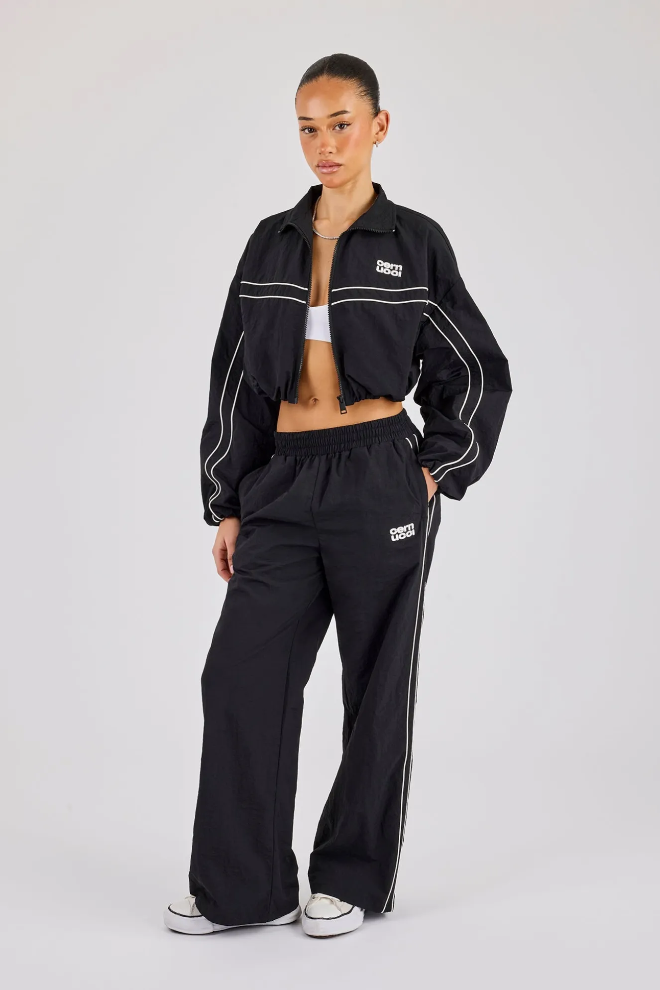 Crinkle Nylon Piping Wide Leg Jogger - Black