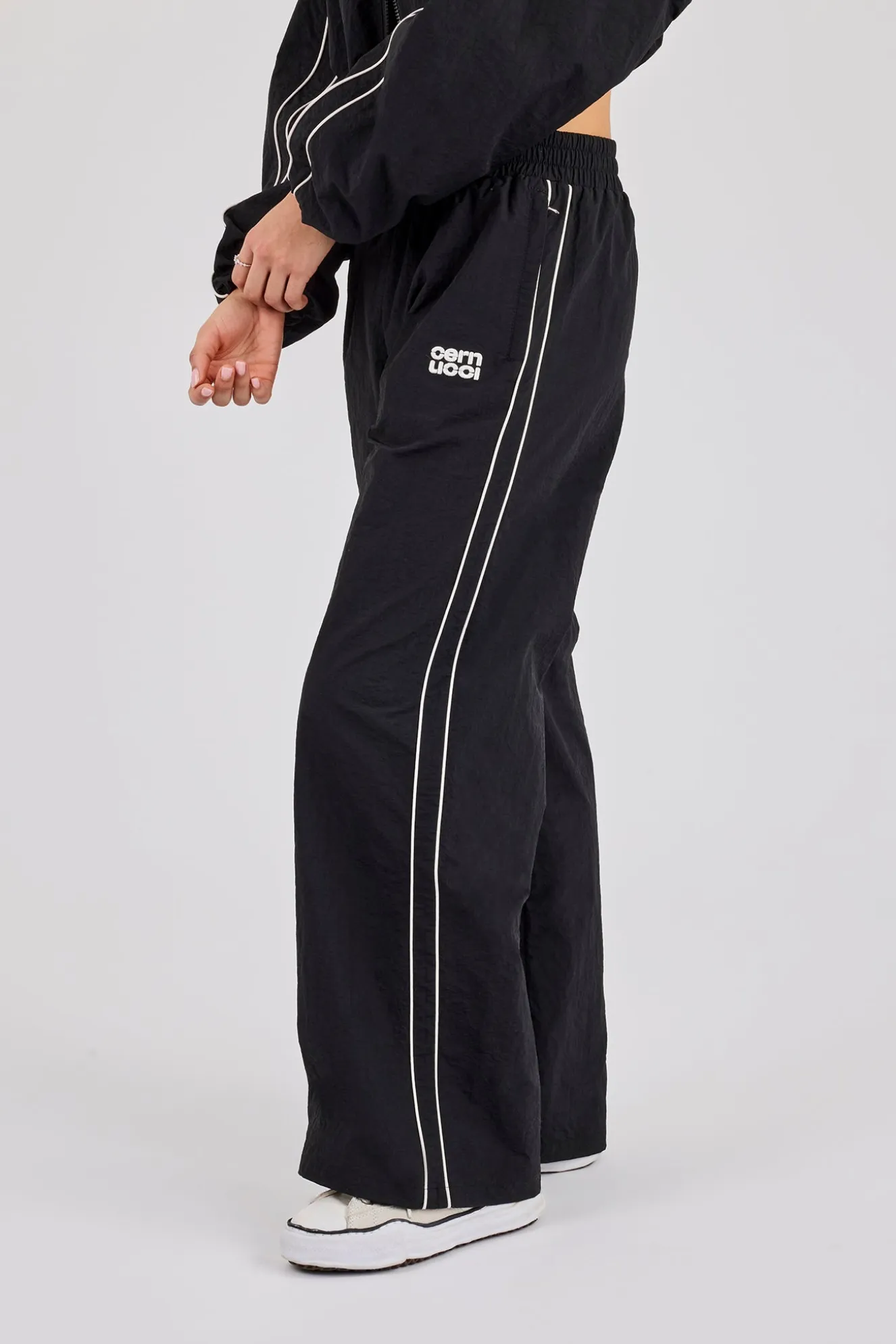 Crinkle Nylon Piping Wide Leg Jogger - Black