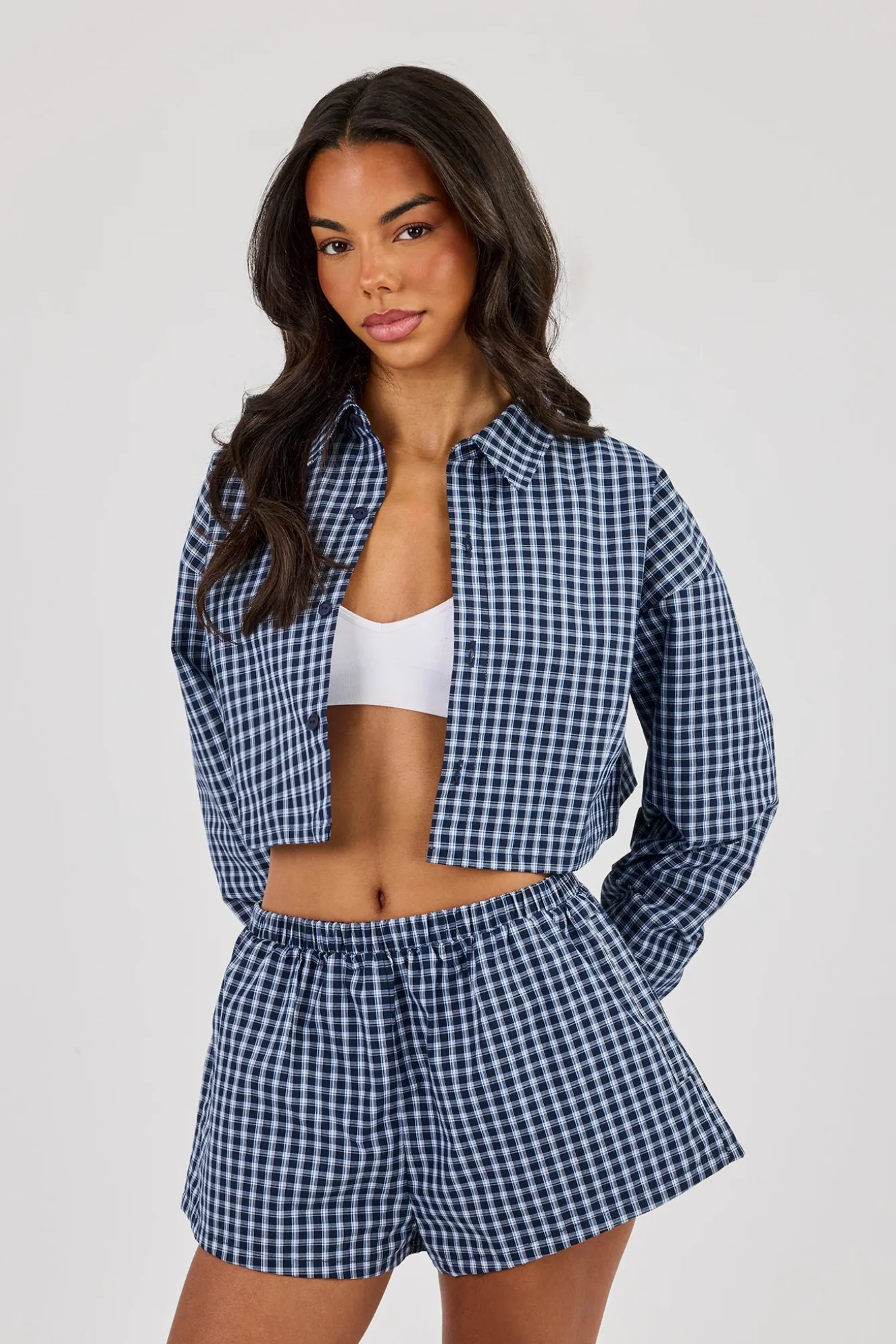 Cropped Check Shirt - Navy