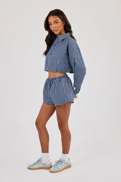 Cropped Check Shirt - Navy