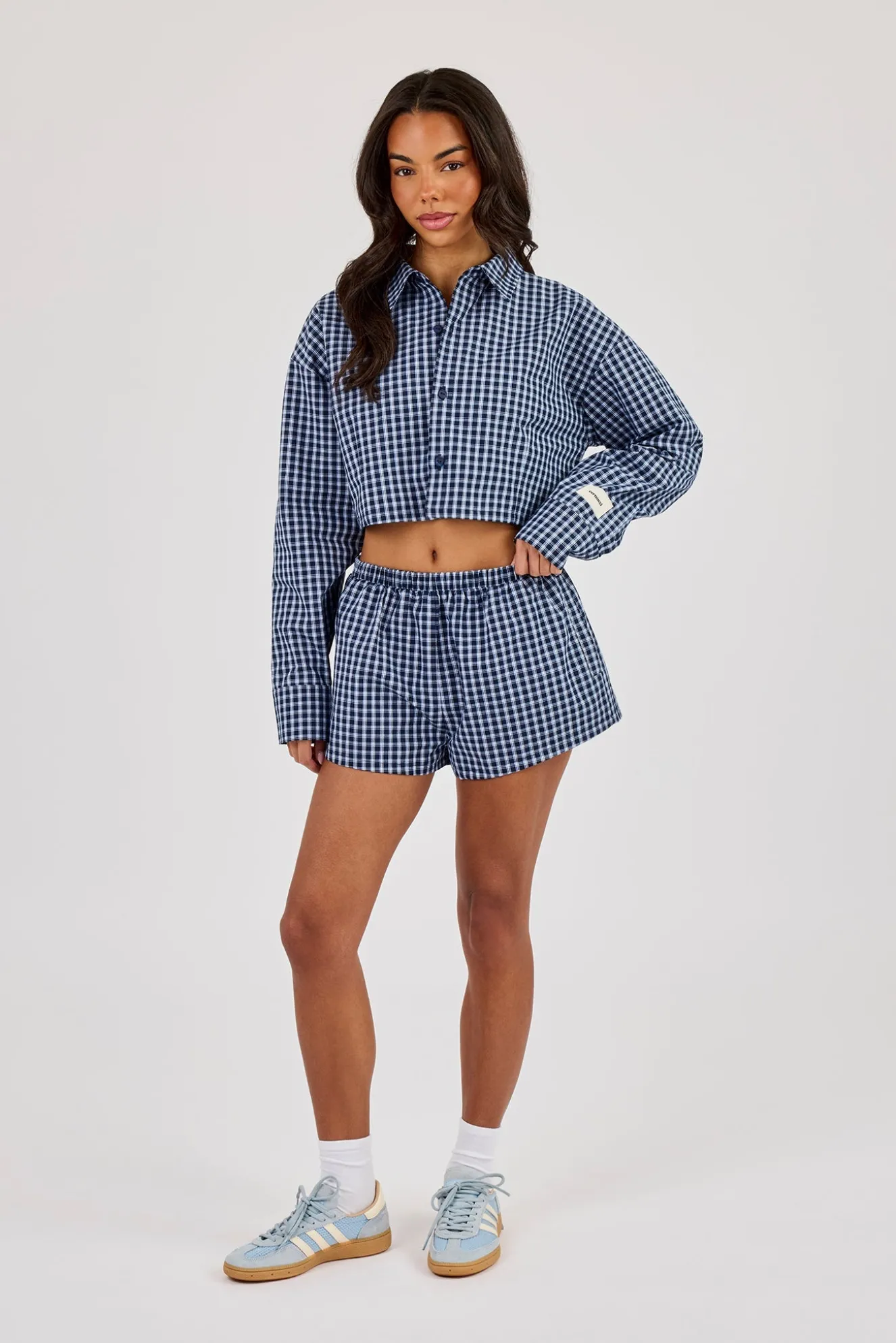 Cropped Check Shirt & Short - Navy