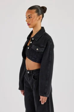 Cropped Curved Hem Denim Jacket - Washed Black