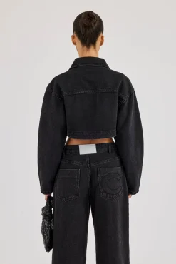 Cropped Curved Hem Denim Jacket - Washed Black