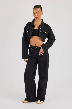 Cropped Curved Hem Denim Jacket - Washed Black