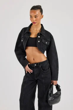 Cropped Curved Hem Denim Jacket - Washed Black
