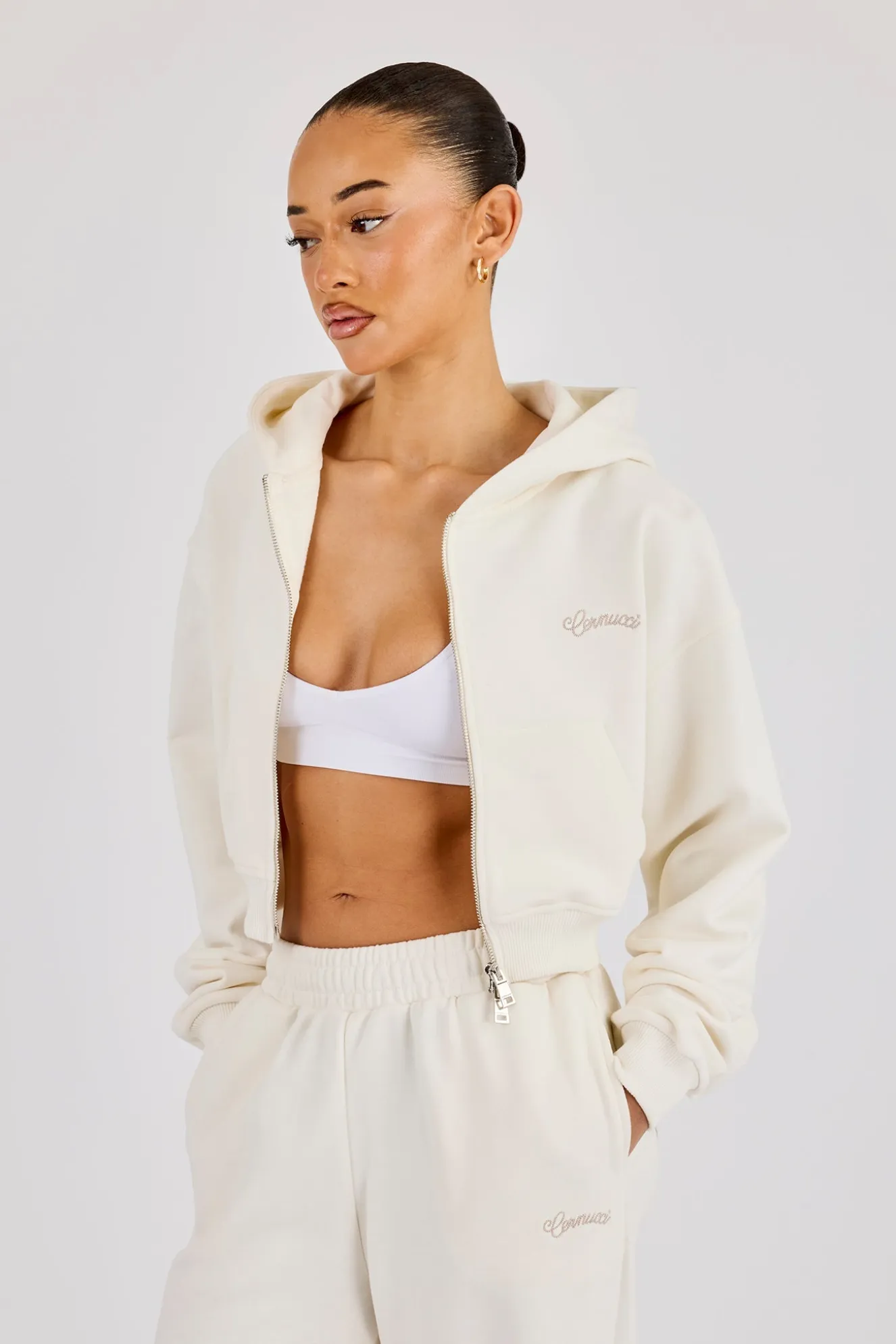 Cropped Embroidered Logo Zip Through Hoodie - Off White