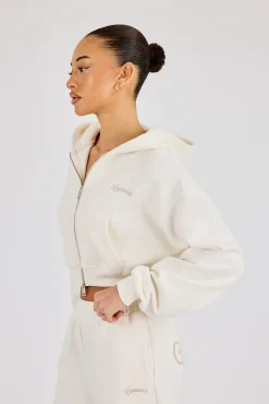 Cropped Embroidered Logo Zip Through Hoodie - Off White