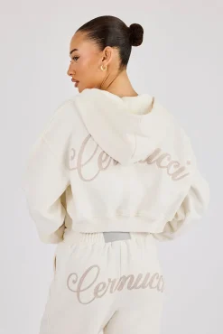 Cropped Embroidered Logo Zip Through Hoodie - Off White
