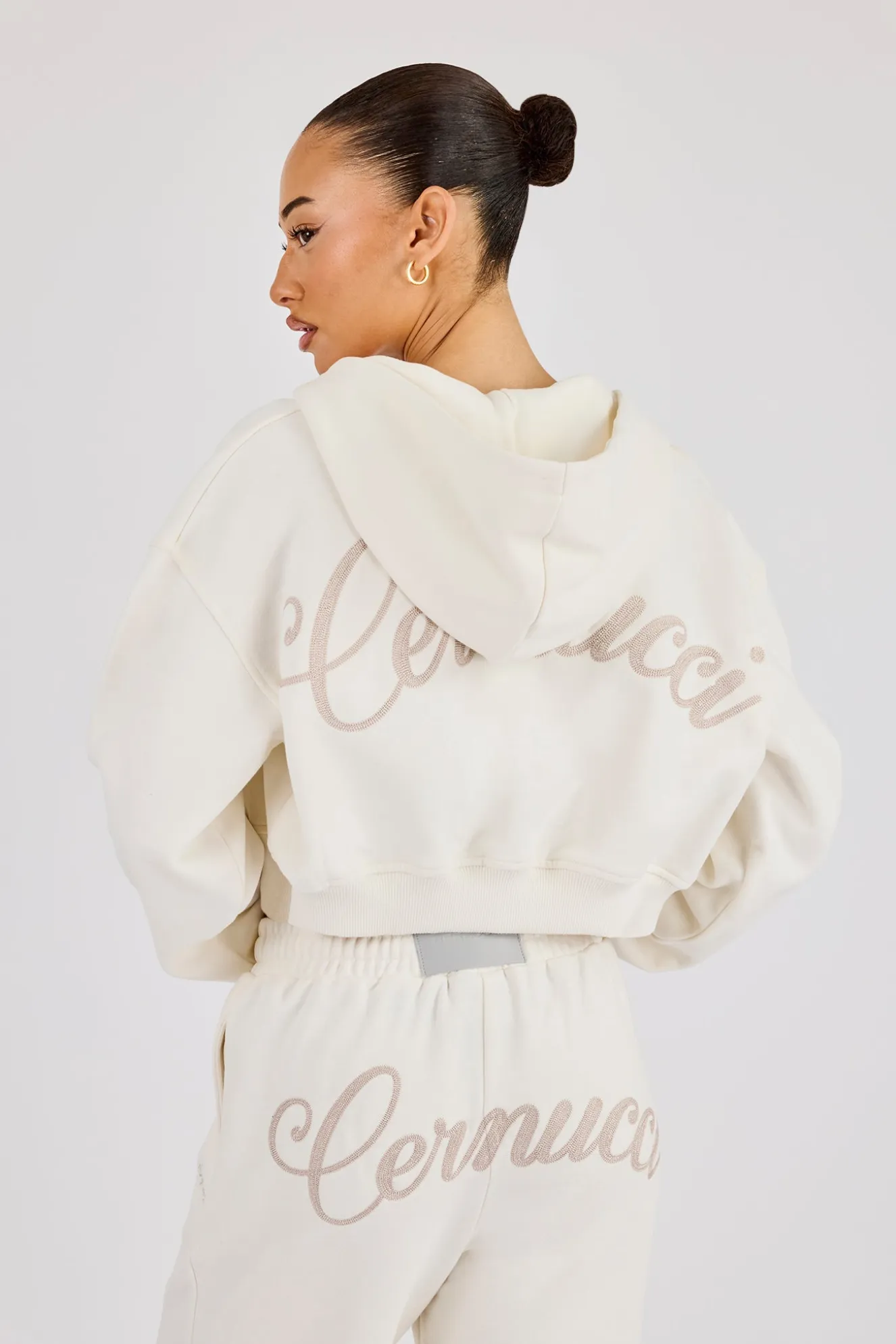 Cropped Embroidered Logo Zip Through Hoodie - Off White