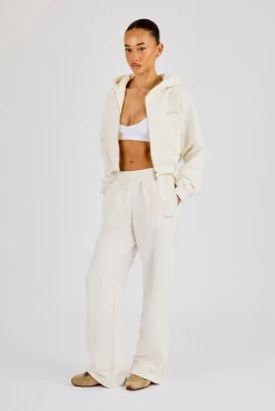 Cropped Embroidered Logo Zip Through Hoodie & Wide Leg Jogger - Off White