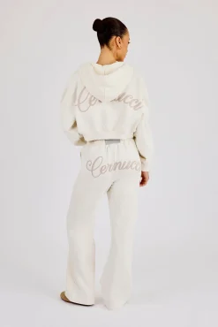 Cropped Embroidered Logo Zip Through Hoodie & Wide Leg Jogger - Off White