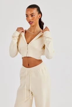 Cropped Knit Zip Hoodie - Cream