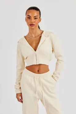 Cropped Knit Zip Hoodie - Cream