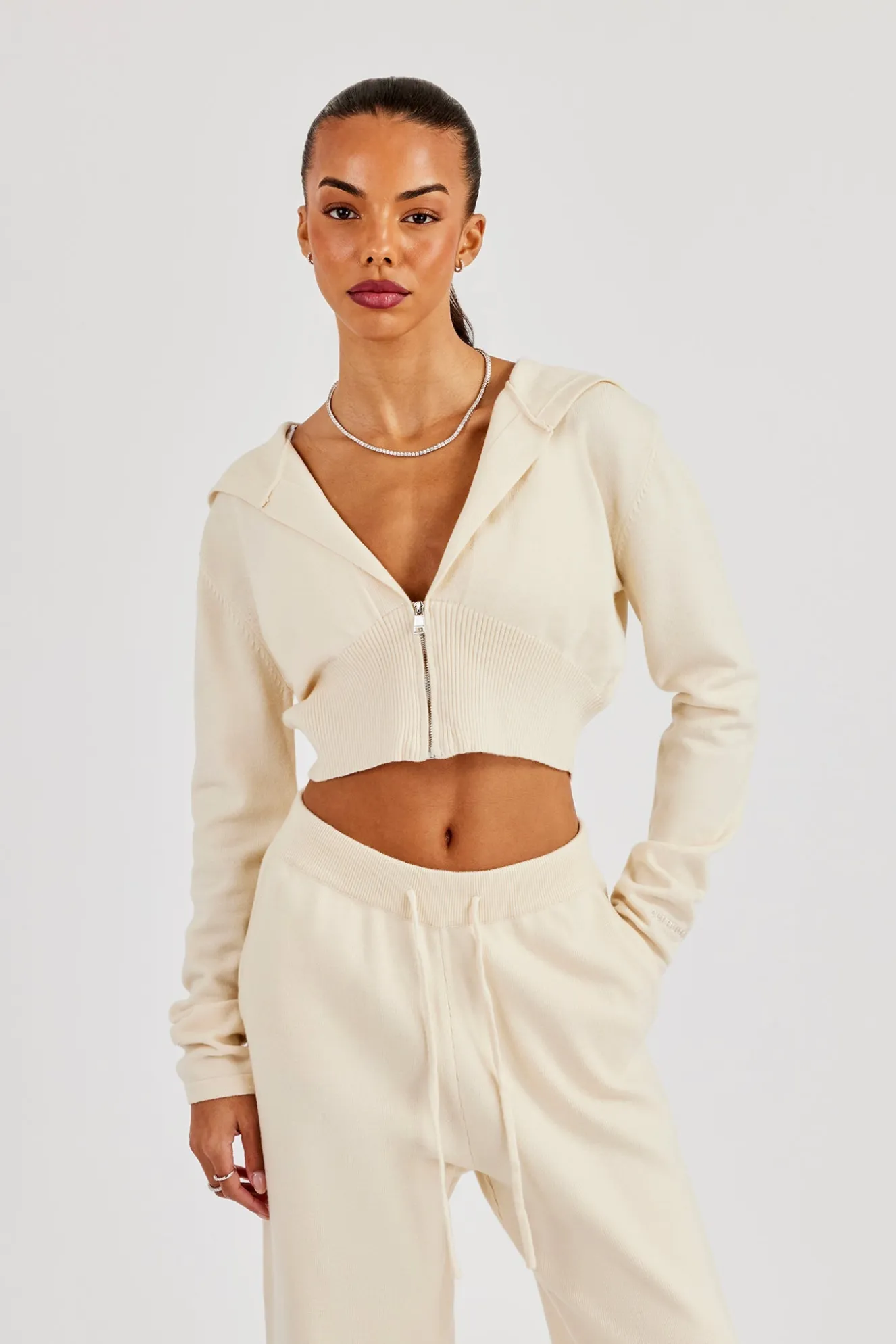 Cropped Knit Zip Hoodie - Cream