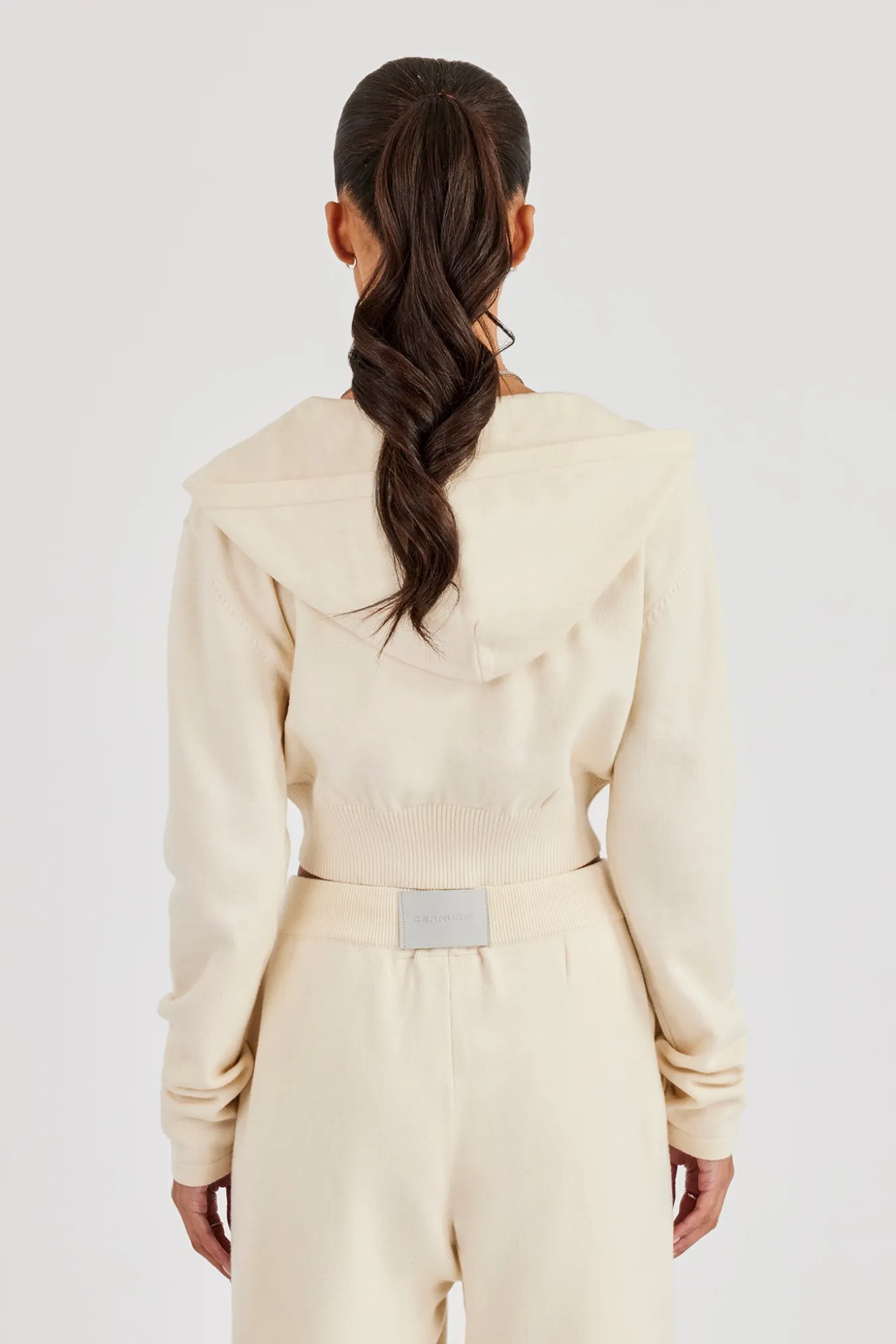 Cropped Knit Zip Hoodie - Cream