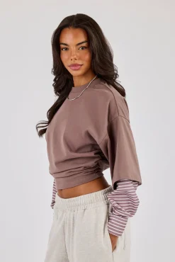 Cropped Oversized T-Shirt With Layered Shirt - Taupe
