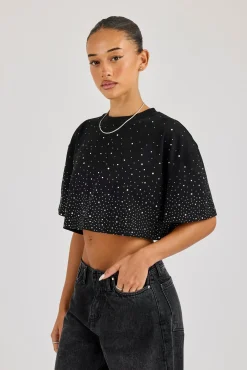 Cropped Rhinestone T-Shirt - Black