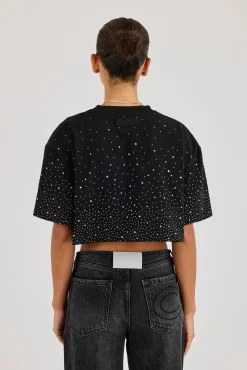 Cropped Rhinestone T-Shirt - Black