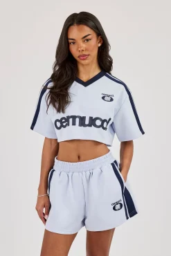 Cropped Short Sleeve Football Top - Baby Blue
