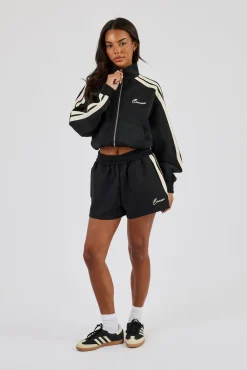 Cropped Taping Funnel Neck Track Jacket & Short - Black