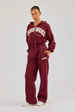 Cropped Varsity Logo Hoodie & Wide Leg Jogger - Berry
