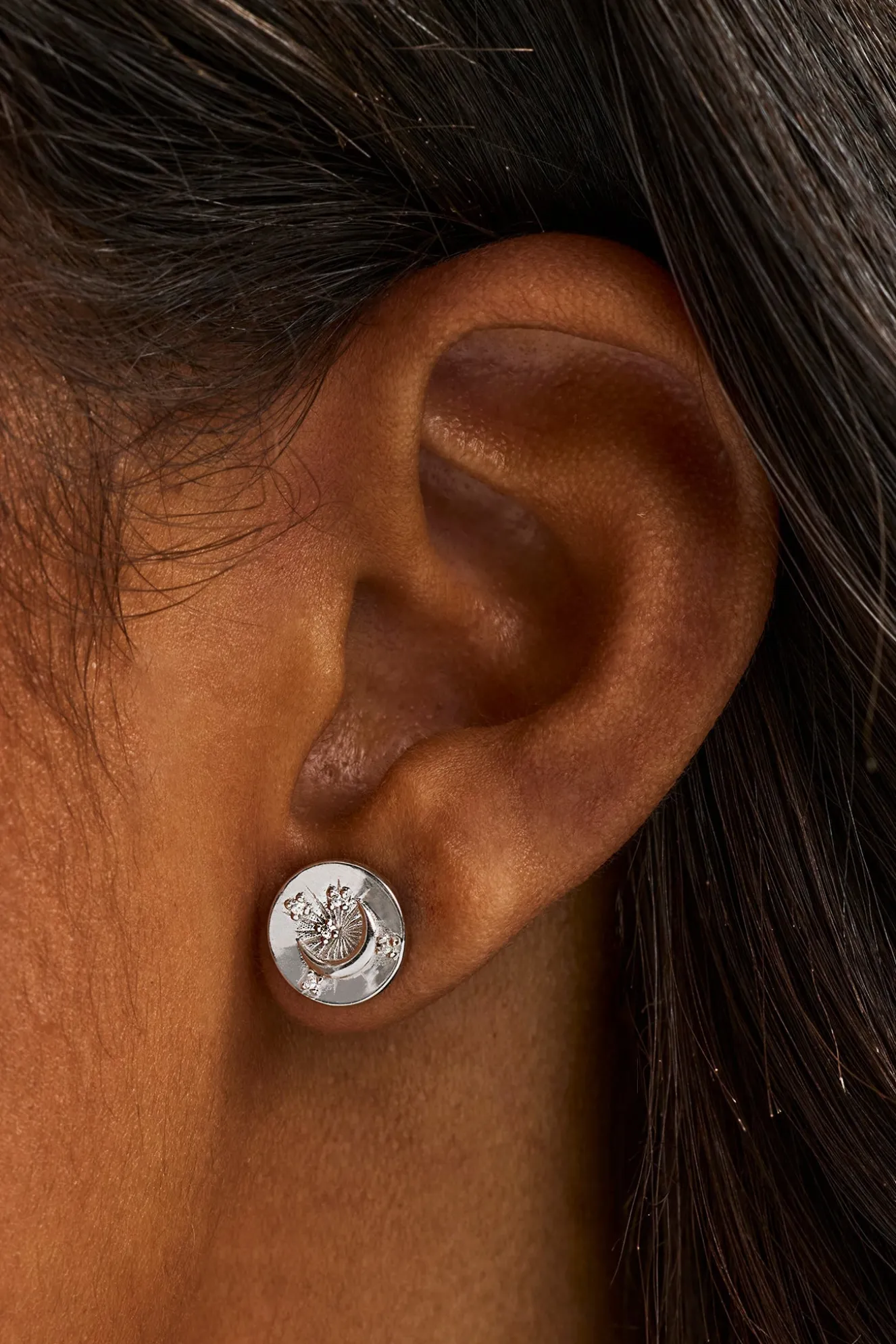 CZ Celestial Moon Stud Earrings - 10mm - White