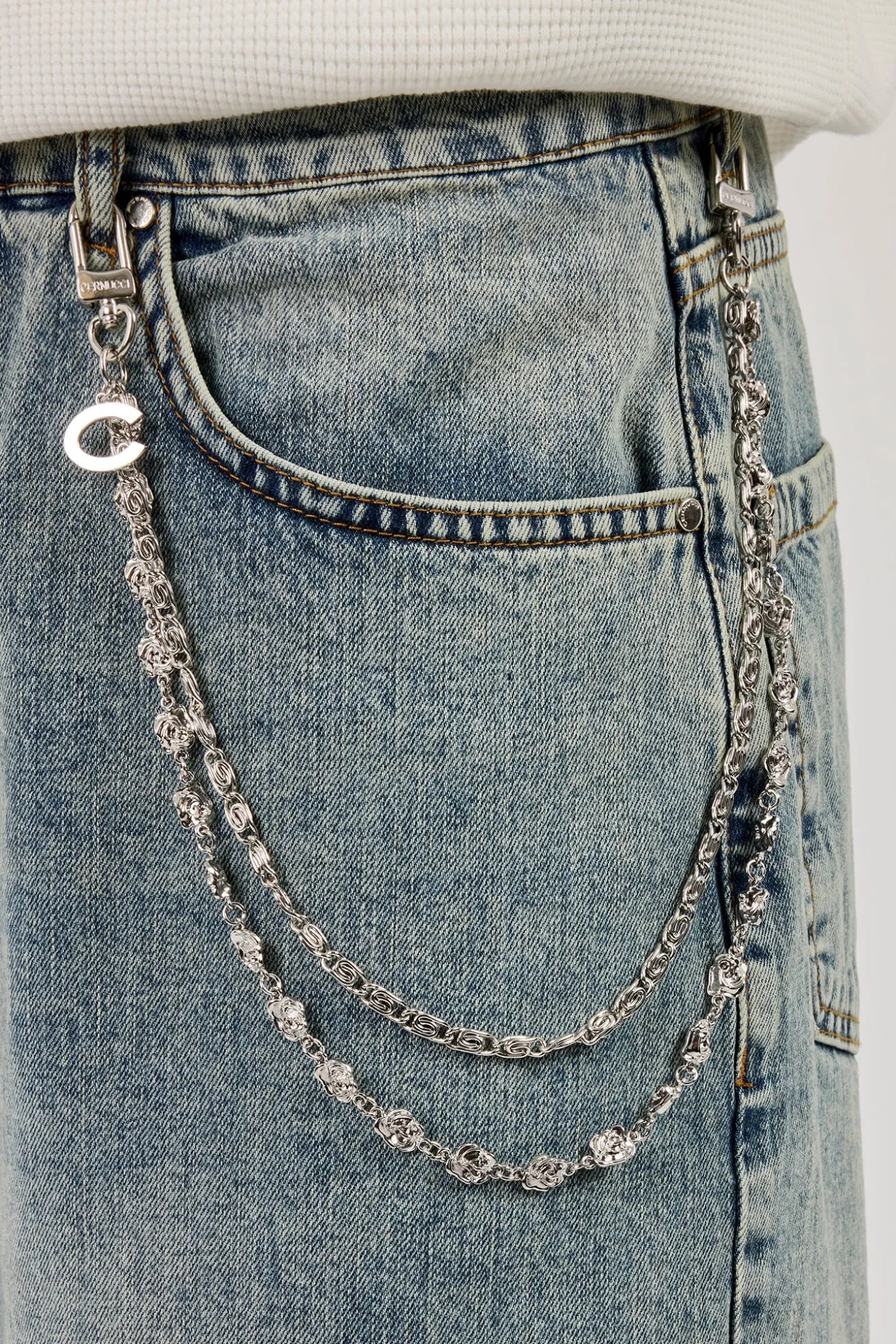 Denim Baggy Jort & 10mm C Branded Double Layer Rose Motif Jean Chain - Antique Wash