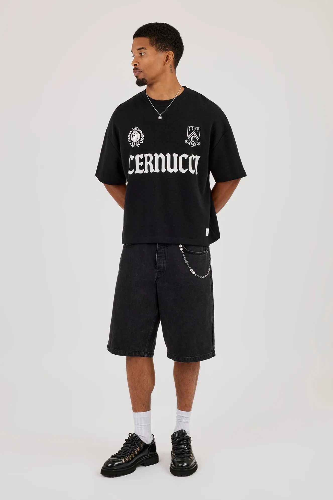 Denim Bermuda Jorts & 10mm Cernucci Motif Jean Chain - Washed Black