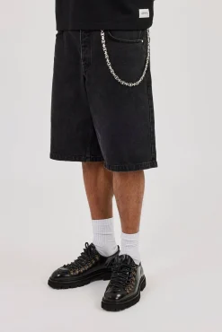 Denim Bermuda Jorts & 10mm Polished Multi Cross Polished Jean Chain - Washed Black
