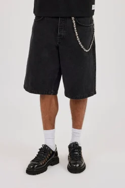 Denim Bermuda Jorts & 10mm Polished Multi Cross Polished Jean Chain - Washed Black