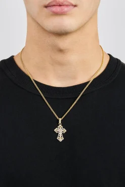Detailed Cross Pendant Necklace - 20mm - Gold