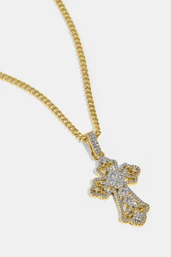 Detailed Cross Pendant Necklace - 20mm - Gold
