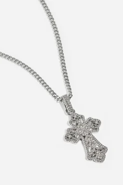 Detailed Cross Pendant Necklace - 20mm - White