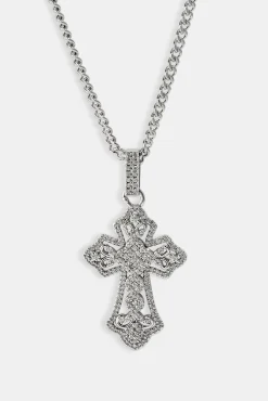 Detailed Cross Pendant Necklace - 20mm - White