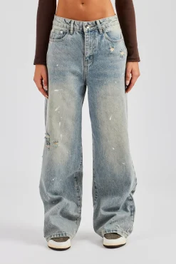 Distressed Paint Splatter Baggy Jean - Antique Wash