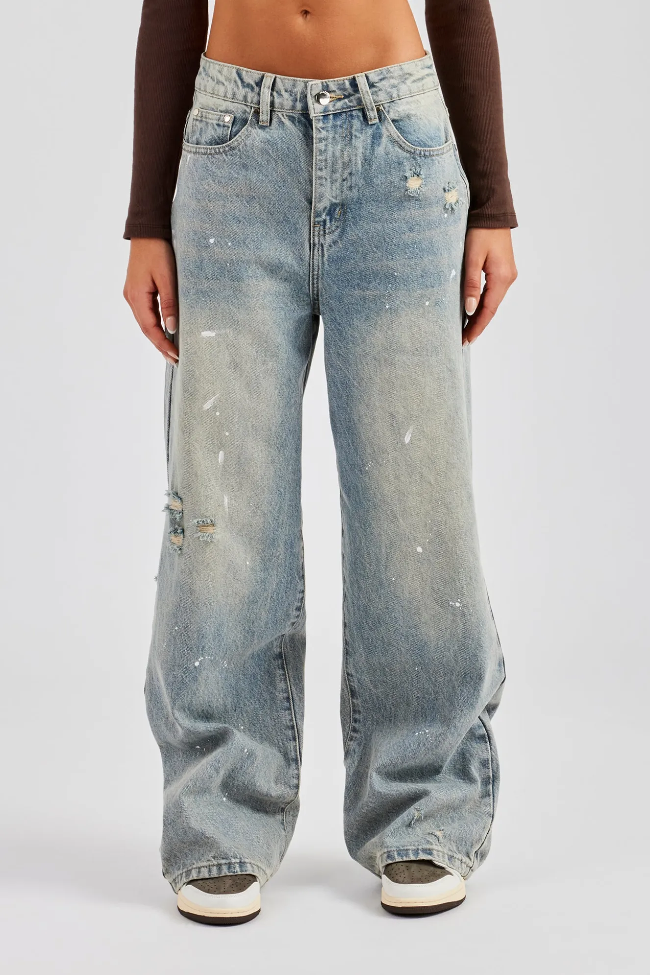 Distressed Paint Splatter Baggy Jean - Antique Wash
